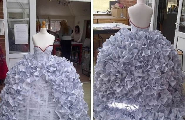 Estudante cria vestido de noiva com papéis do divórcio