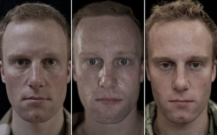 Rostos de soldados antes, durante e depois da guerra